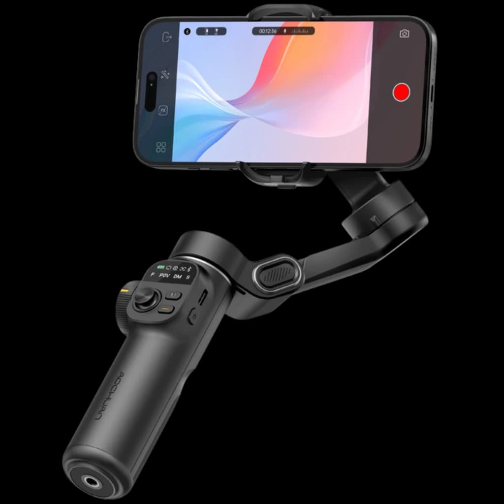 AOCHUAN Smart X2 Standard en noir, stabilisateur à cardan 3 axes pliable pour smartphone, poignée ergonomique avec molette, joystick et boutons de contrôle