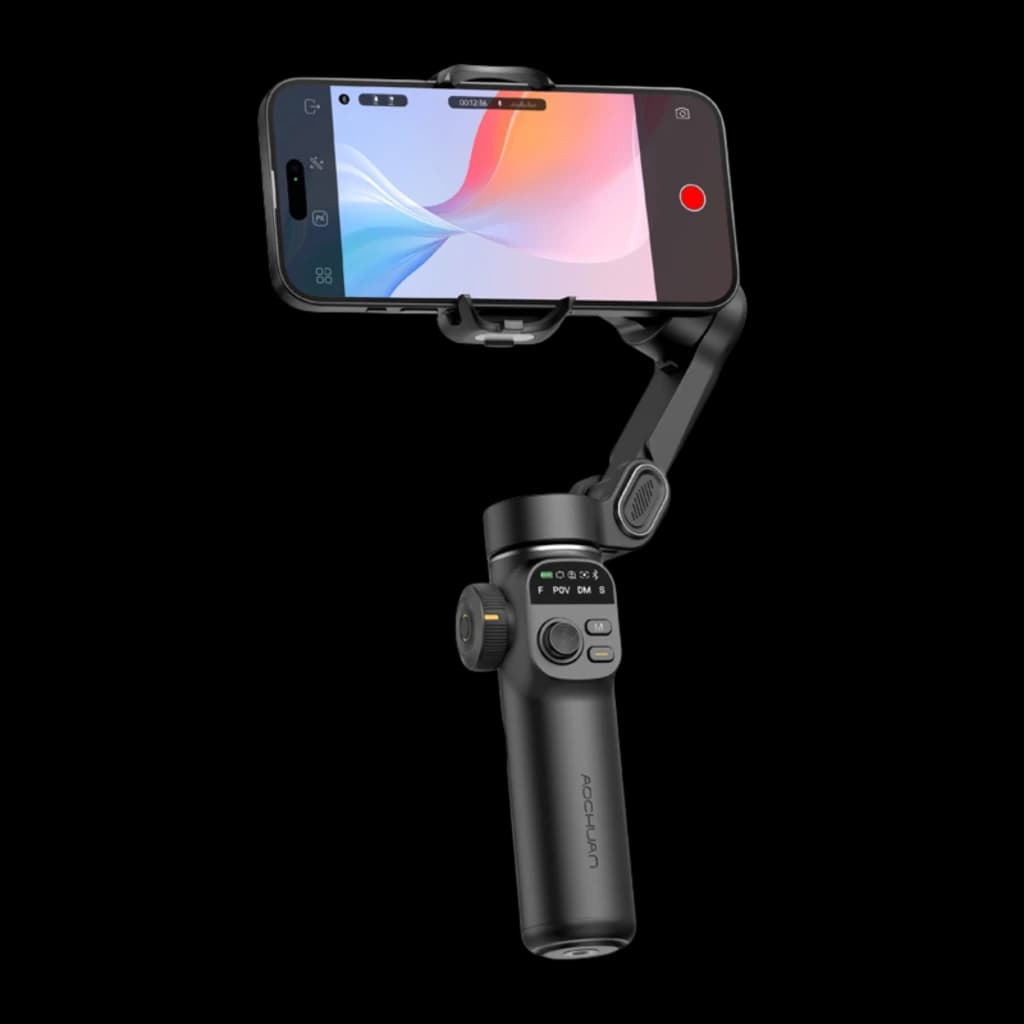 AOCHUAN Smart X2 Standard stabilisateur 3 axes pliable noir, poignée ergonomique avec joystick, molette et boutons, support smartphone horizontal