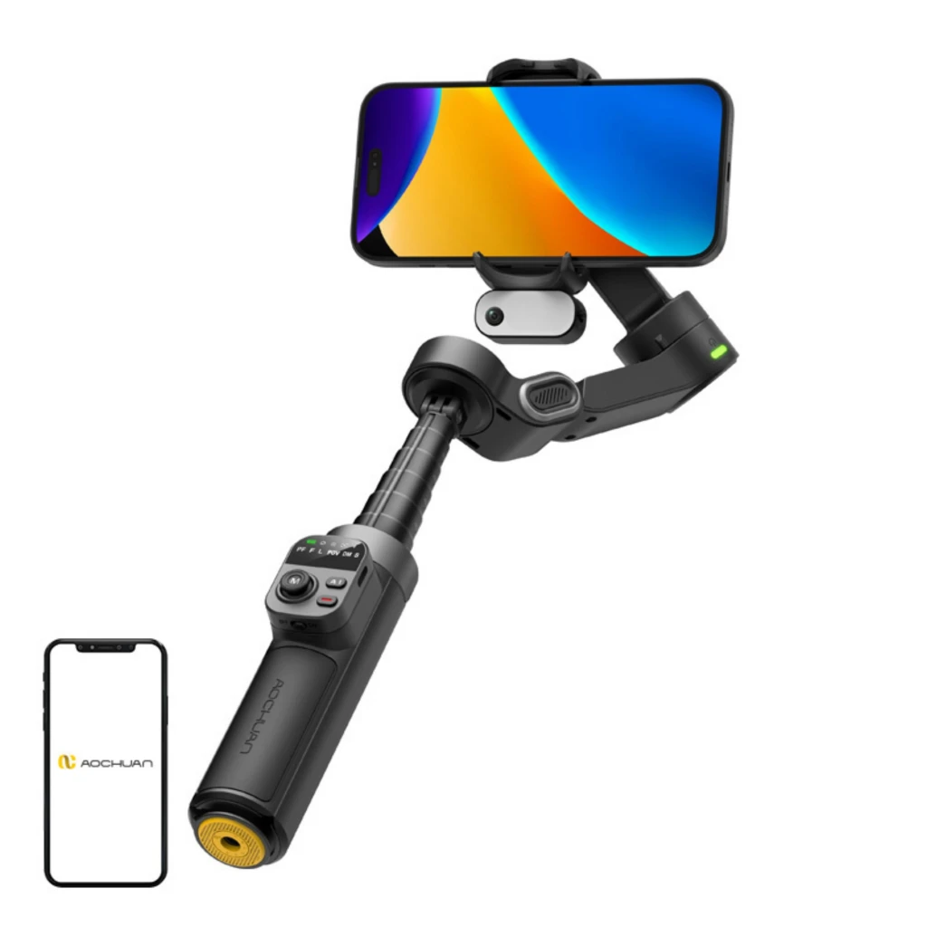 AOCHUAN Smart X3 Gimbal 3 ejes plegable en negro con mango ergonómico, controles integrados, brazo extensible y soporte para smartphone con estabilización - Ítem1