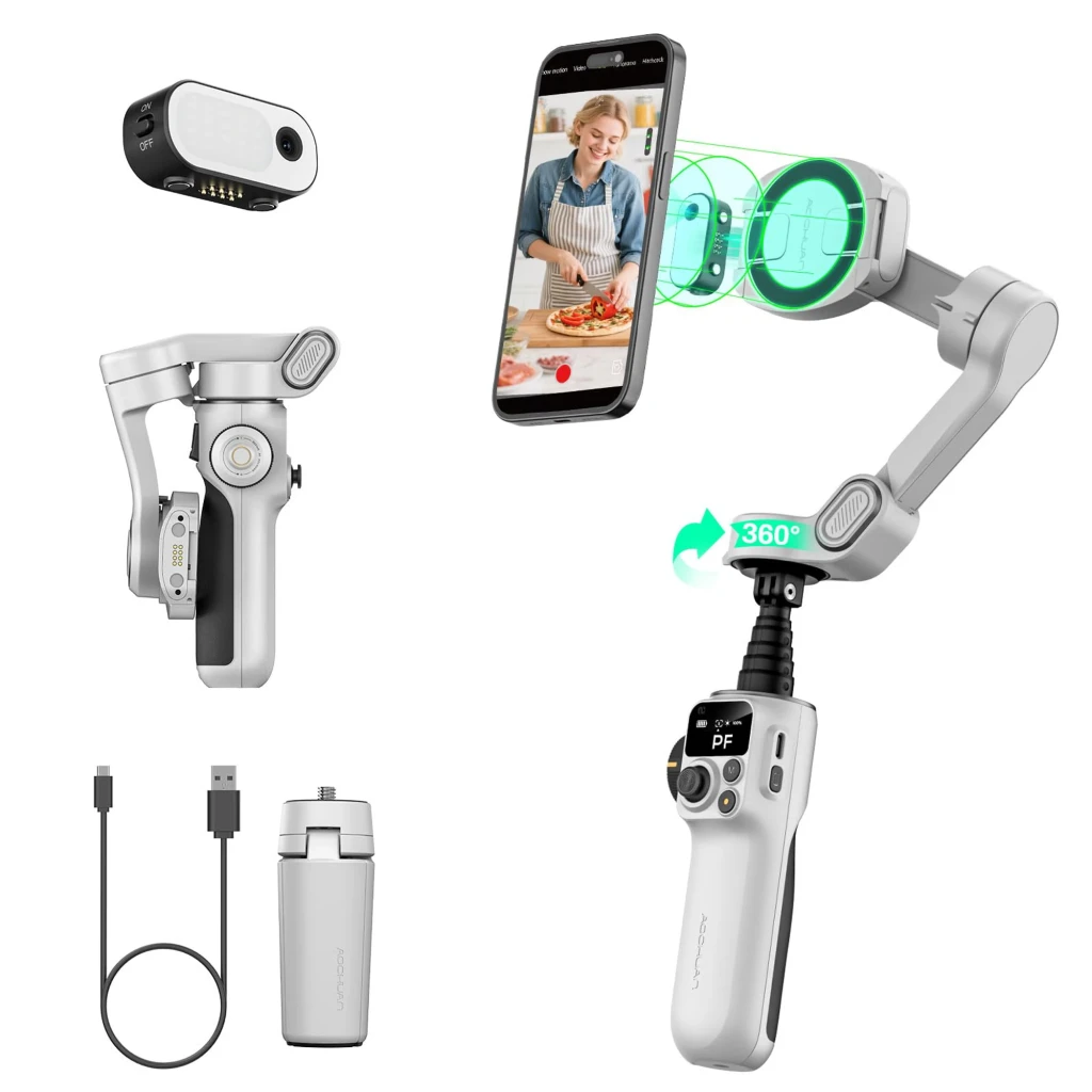 AOCHUAN P2 Gimbal con sensor AI, estabilizador de 3 ejes plegable en color blanco, agarre ergonómico, controles integrados y soporte para smartphone horizontal - Ítem4