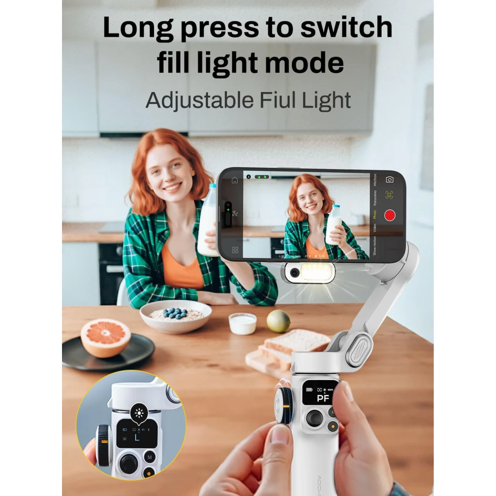 AOCHUAN P2 Gimbal con sensor AI, estabilizador de 3 ejes plegable en color blanco, agarre ergonómico, controles integrados y soporte para smartphone horizontal - Ítem3