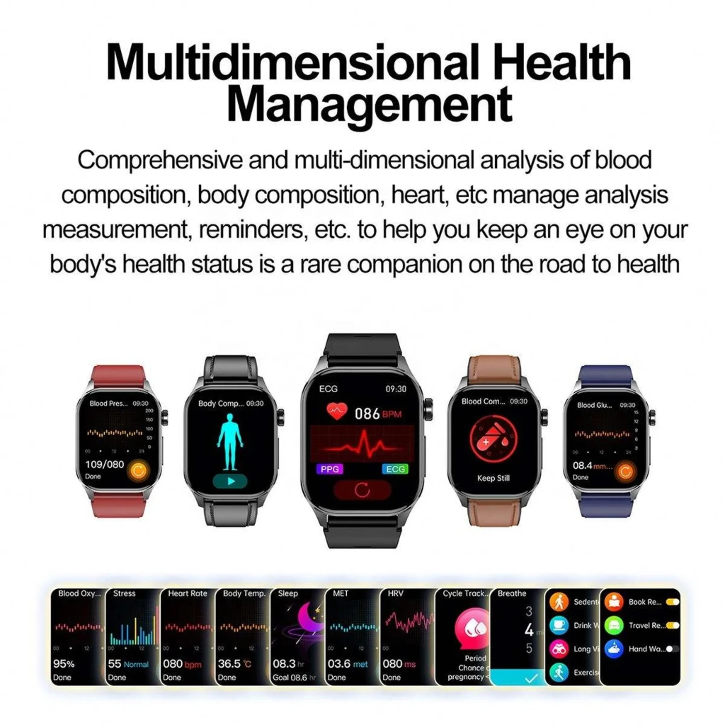Montre connectée noire ET580 avec écran AMOLED 2,04 pouces, cadran rectangulaire, bouton latéral moleté, bracelet silicone, affichage santé et pas coloré - Ítem1