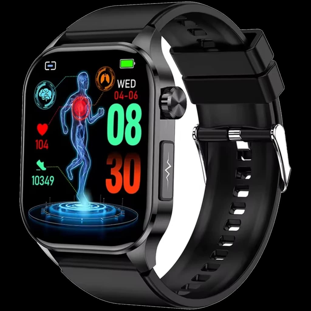 ET580 Smartwatch 2,04 AMOLED em preto com pulseira de silicone, tela colorida com mostradores esportivos, ícone de batimentos, passos e data, caixa metálica