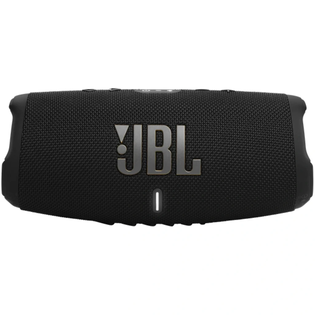 Caixa de som portátil JBL Charge 5 Wi-Fi preta, corpo cilíndrico em tecido, logo JBL dourado em destaque, botões superiores e radiadores laterais robustos - Item1