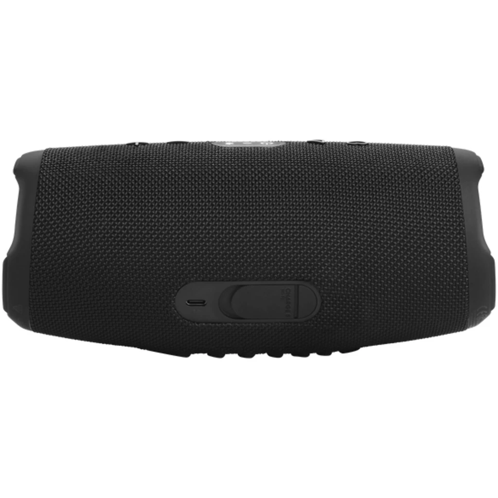 Caixa de som portátil JBL Charge 5 Wi-Fi preta, corpo cilíndrico em tecido, logo JBL dourado em destaque, botões superiores e radiadores laterais robustos - Item2