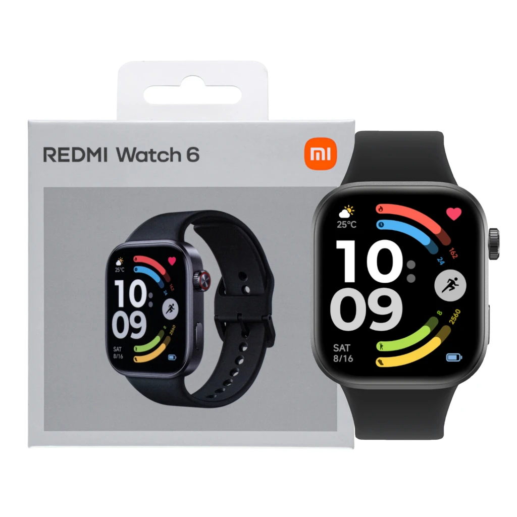 Xiaomi Redmi Watch 6 com tela AMOLED 2,07 pol, caixa prateada e pulseira azul glaciar; mostrador retangular, coroa lateral e interface fitness colorida - Item4