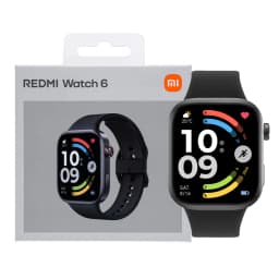 Xiaomi Redmi Watch 6 preto com tela AMOLED 2,07 pol, pulseira silicone, mostrador retangular colorido, caixa com imagem do relógio e logotipo Mi