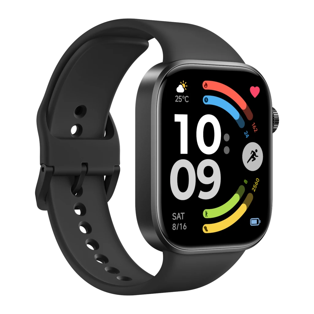 Xiaomi Redmi Watch 6 com tela AMOLED 2,07 pol, caixa prateada e pulseira azul glaciar; mostrador retangular, coroa lateral e interface fitness colorida - Item1