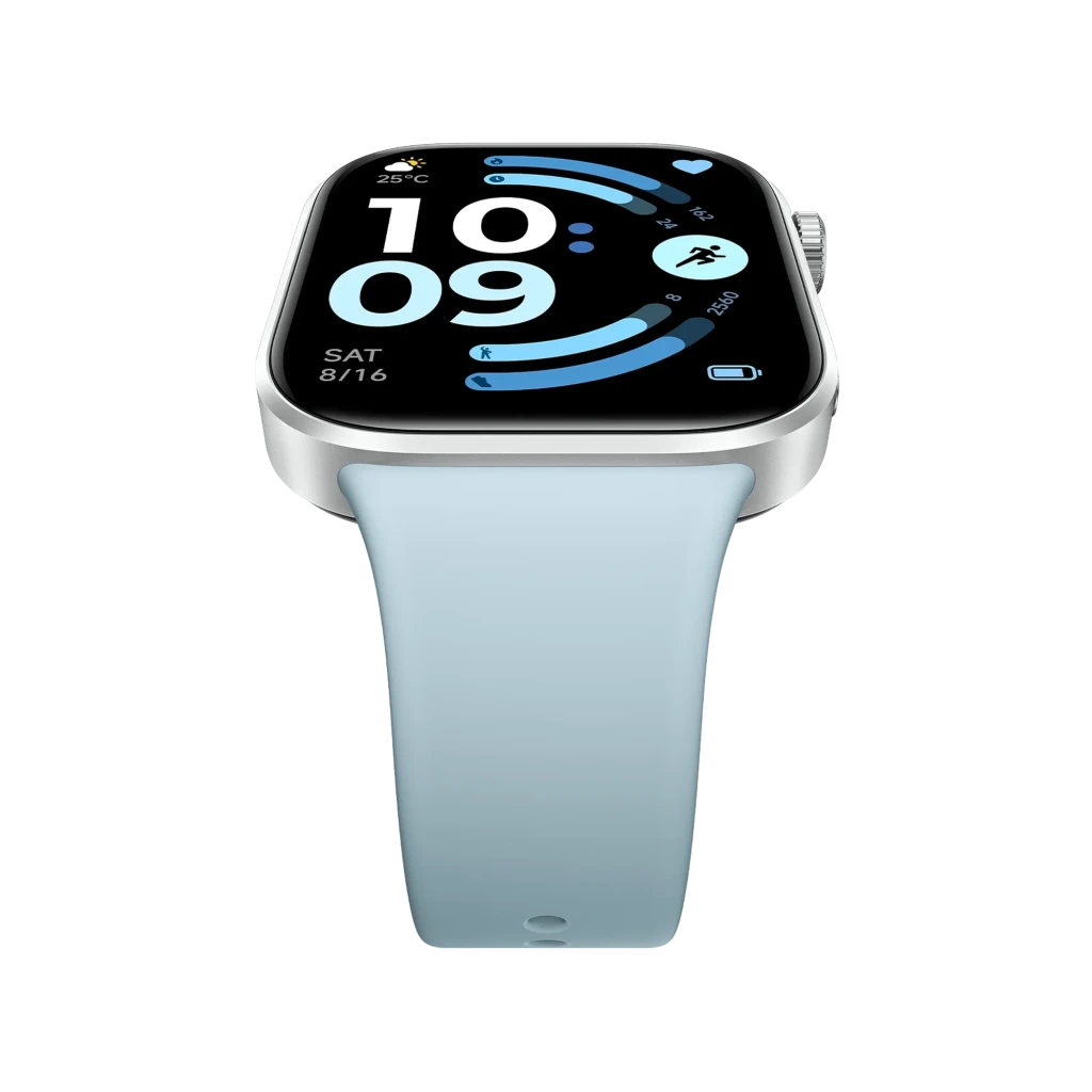 Xiaomi Redmi Watch 6 com tela AMOLED 2,07 pol, caixa prateada e pulseira azul glaciar; mostrador retangular, coroa lateral e interface fitness colorida - Item3