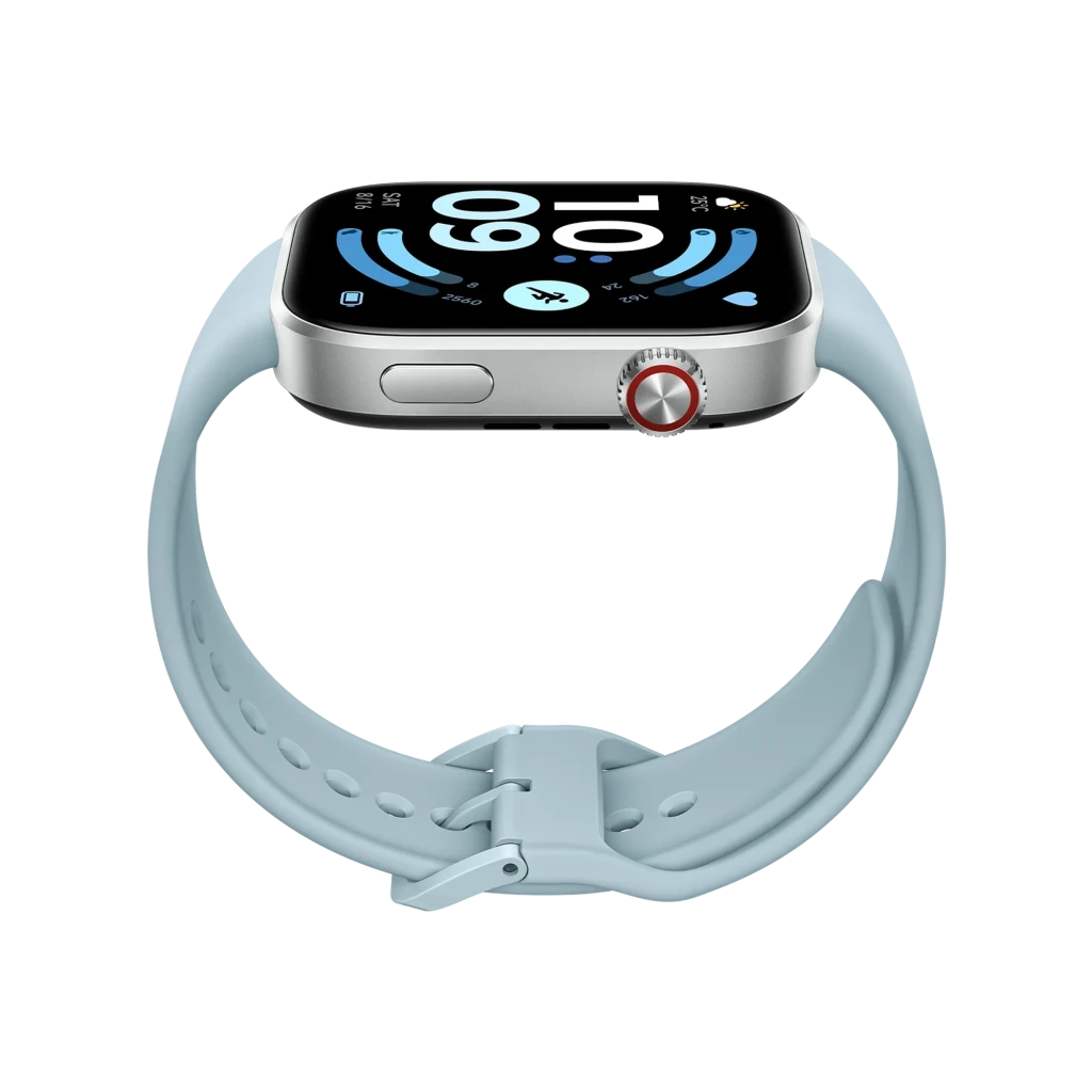 Xiaomi Redmi Watch 6 com tela AMOLED 2,07 pol, caixa prateada e pulseira azul glaciar; mostrador retangular, coroa lateral e interface fitness colorida - Item4
