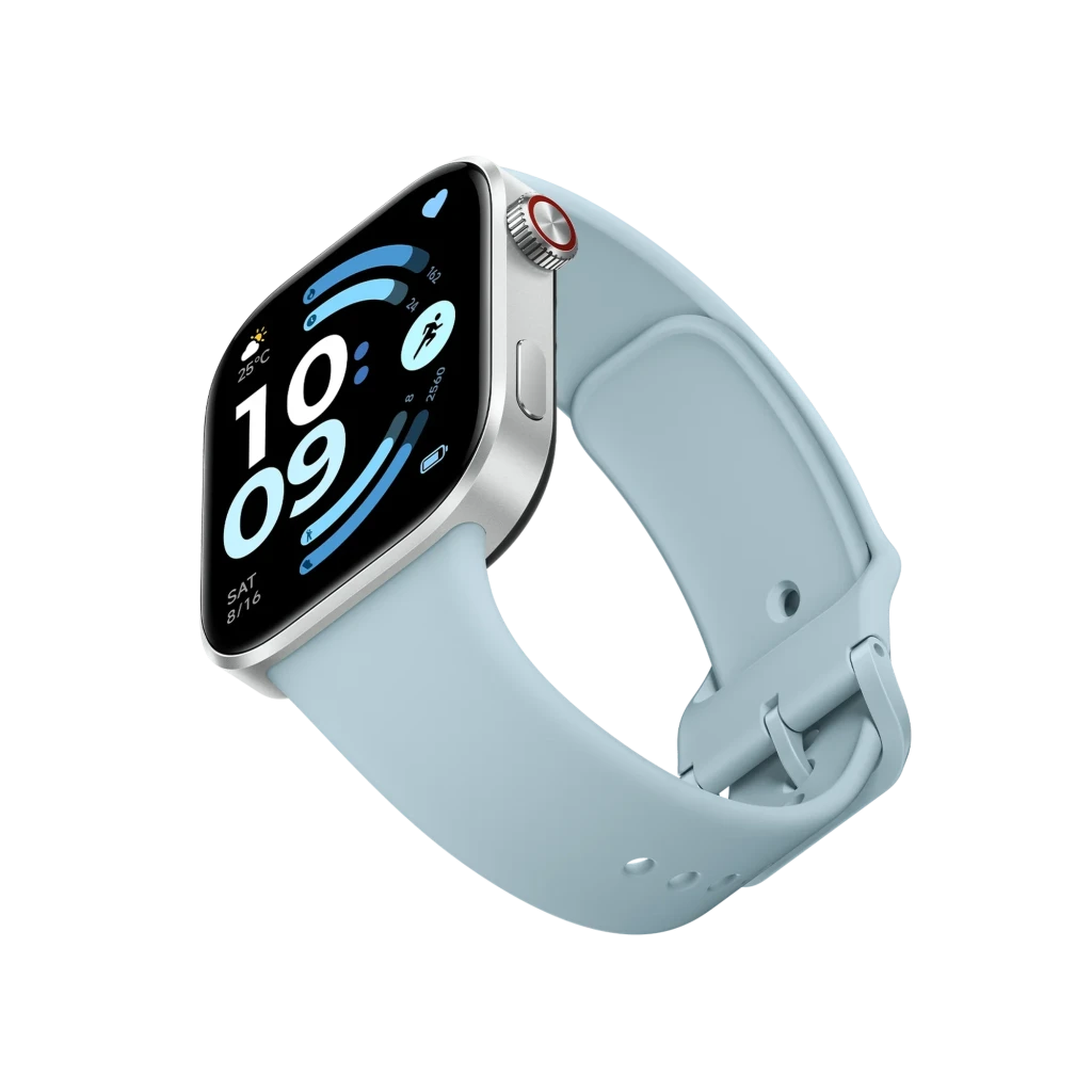 Xiaomi Redmi Watch 6 com tela AMOLED 2,07 pol, caixa prateada e pulseira azul glaciar; mostrador retangular, coroa lateral e interface fitness colorida - Item5