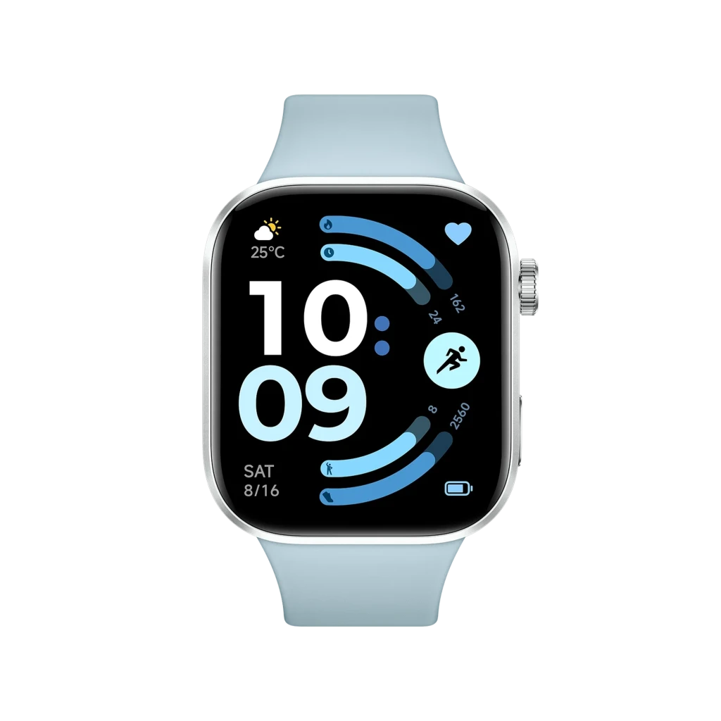 Xiaomi Redmi Watch 6 com tela AMOLED 2,07 pol, caixa prateada e pulseira azul glaciar; mostrador retangular, coroa lateral e interface fitness colorida - Item2