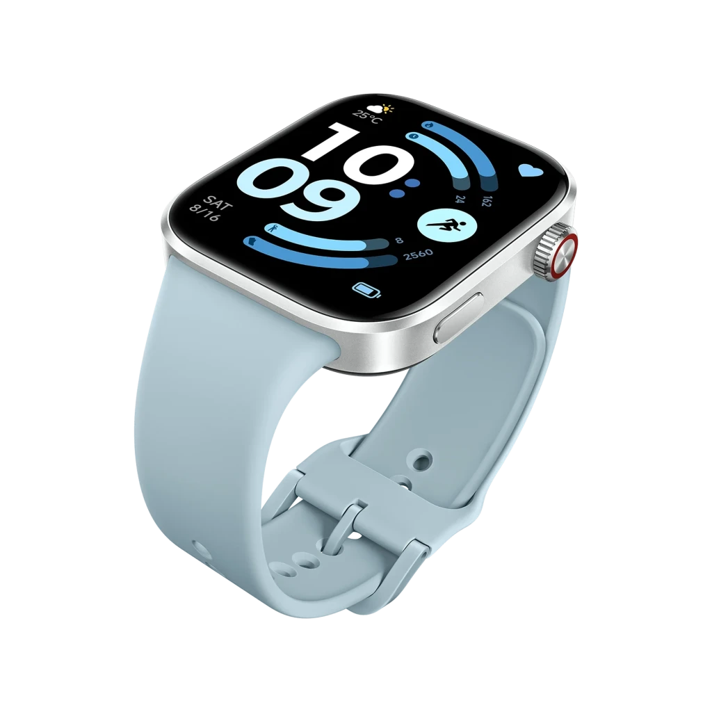 Xiaomi Redmi Watch 6 com tela AMOLED 2,07 pol, caixa prateada e pulseira azul glaciar; mostrador retangular, coroa lateral e interface fitness colorida - Item6