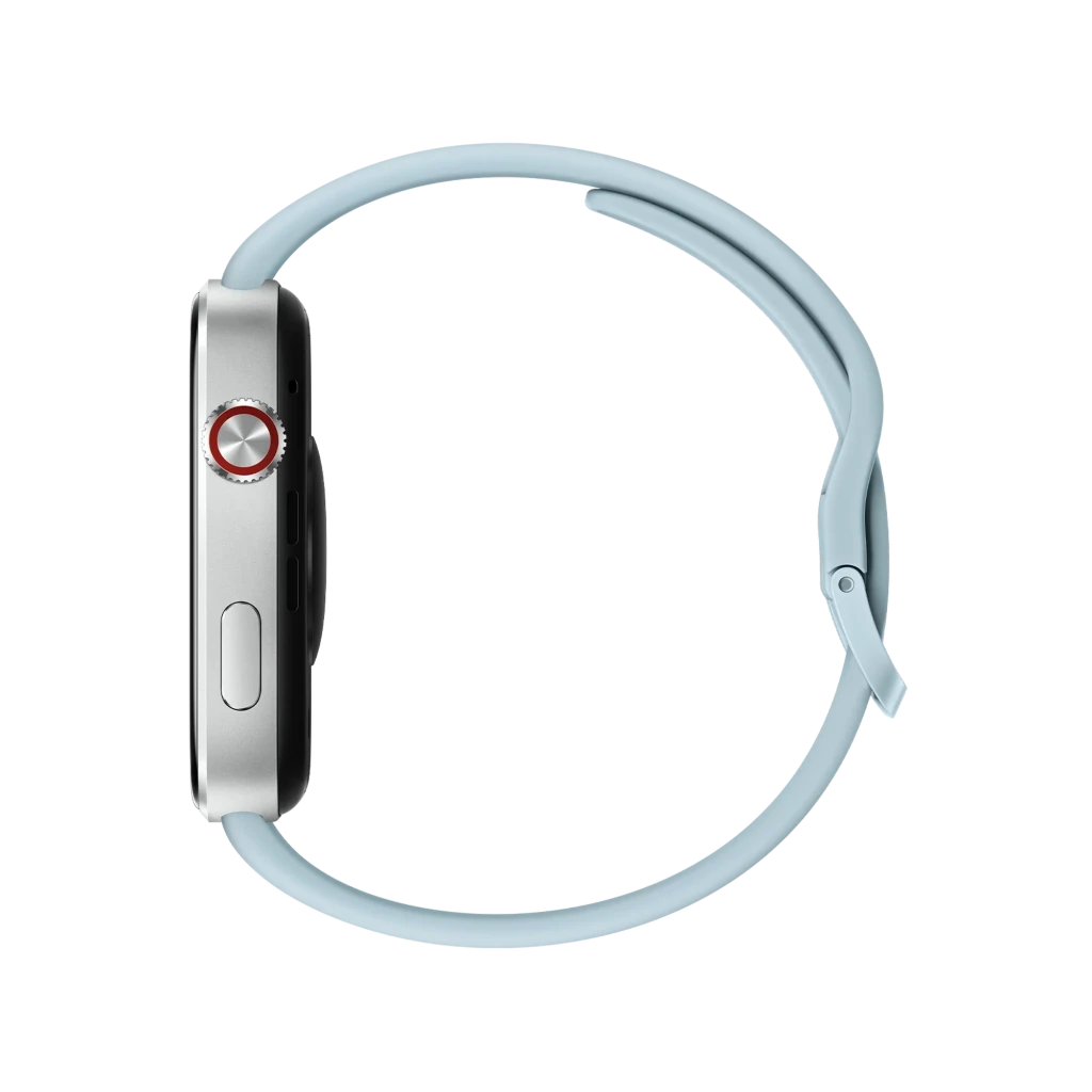 Xiaomi Redmi Watch 6 com tela AMOLED 2,07 pol, caixa prateada e pulseira azul glaciar; mostrador retangular, coroa lateral e interface fitness colorida - Item7
