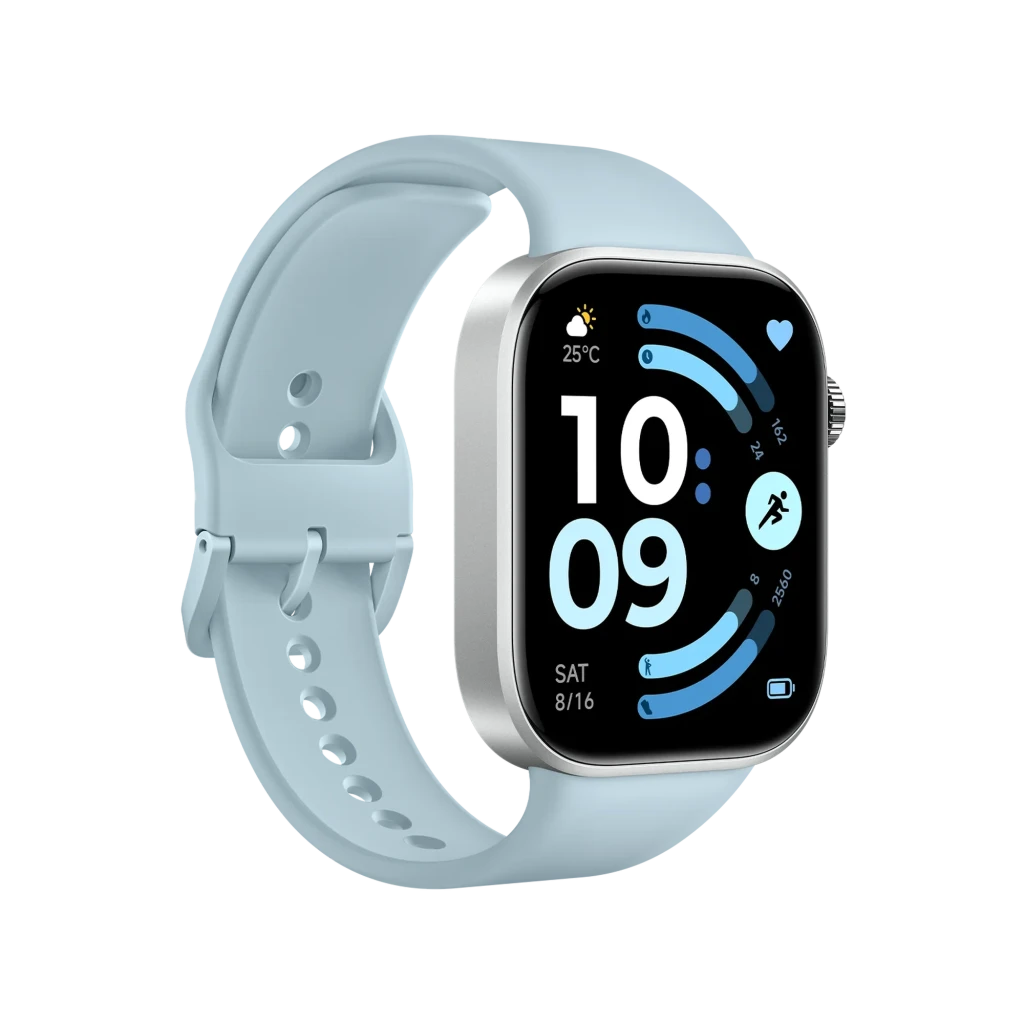 Xiaomi Redmi Watch 6 com tela AMOLED 2,07 pol, caixa prateada e pulseira azul glaciar; mostrador retangular, coroa lateral e interface fitness colorida - Item1