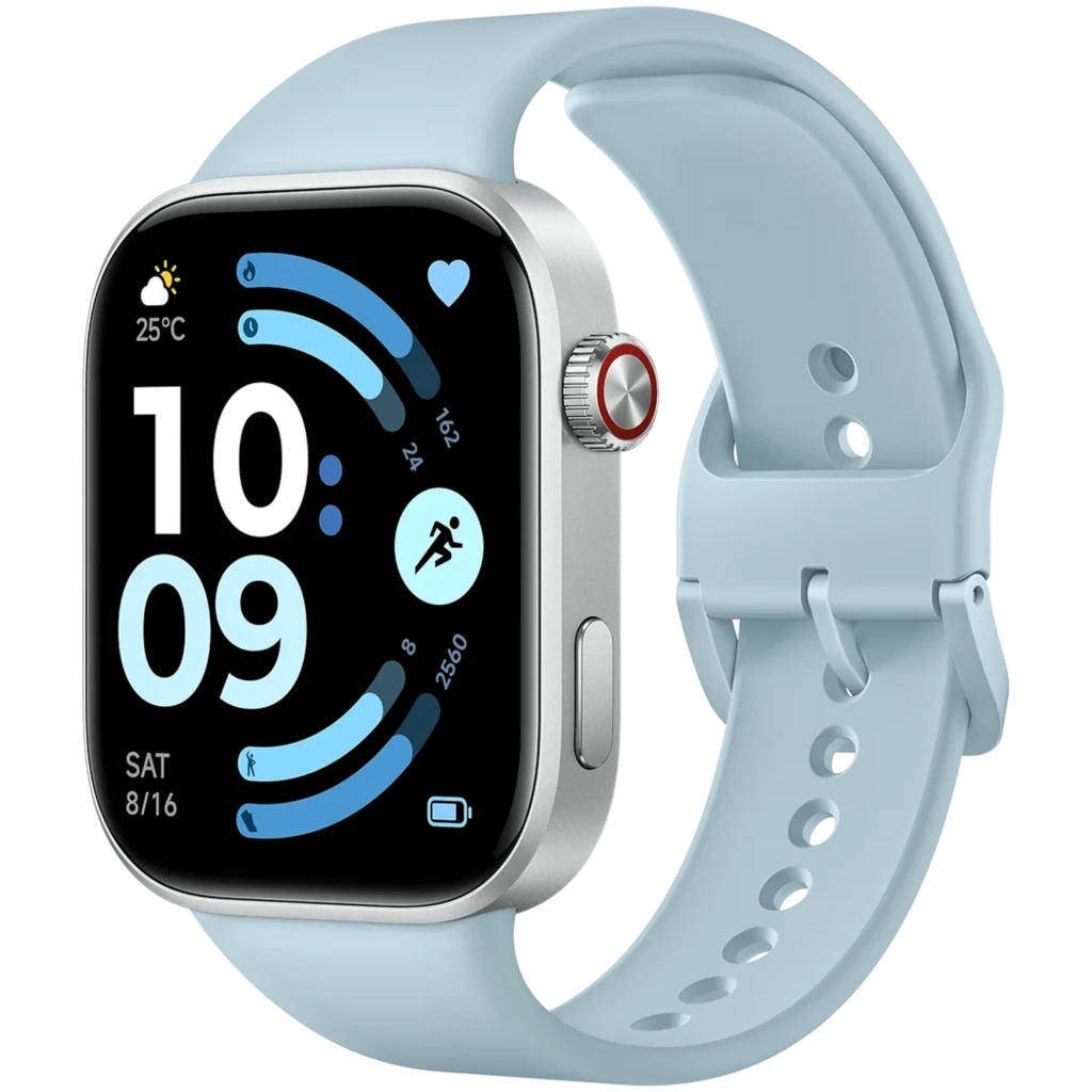 Xiaomi Redmi Watch 6 com tela AMOLED 2,07 pol, caixa prateada e pulseira azul glaciar; mostrador retangular, coroa lateral e interface fitness colorida - Item