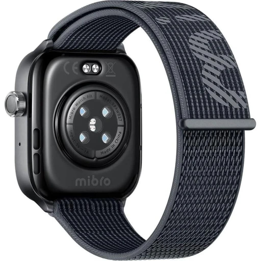 Mibro Watch Fit 1,75 pulgadas AMOLED negro con correa textil gris, sensores traseros de salud, botón lateral, GPS integrado y resistencia 5 ATM