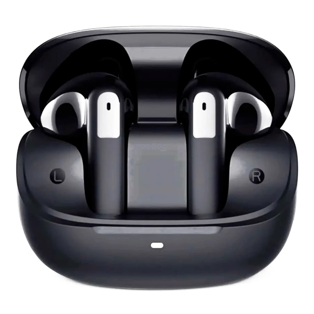 Mibro Earbuds 5 Noir avec boîtier brillant, écouteurs intra-auriculaires noirs à accents argentés, voyants L et R visibles, design compact et élégant