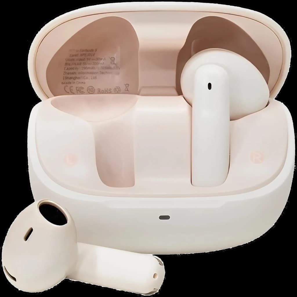 Mibro Earbuds 5 Rose avec boîtier brillant compact, écouteurs semi intra-auriculaires ergonomiques, indicateur LED frontal, finitions noires polies