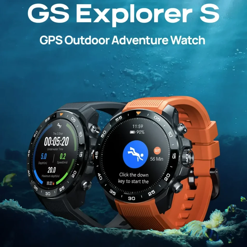 Mibro Watch GS Explorer S GPS Doble Banda L1+L5 10ATM 30m Buceo Libre Negro, vista frontal: dos relojes negro y naranja