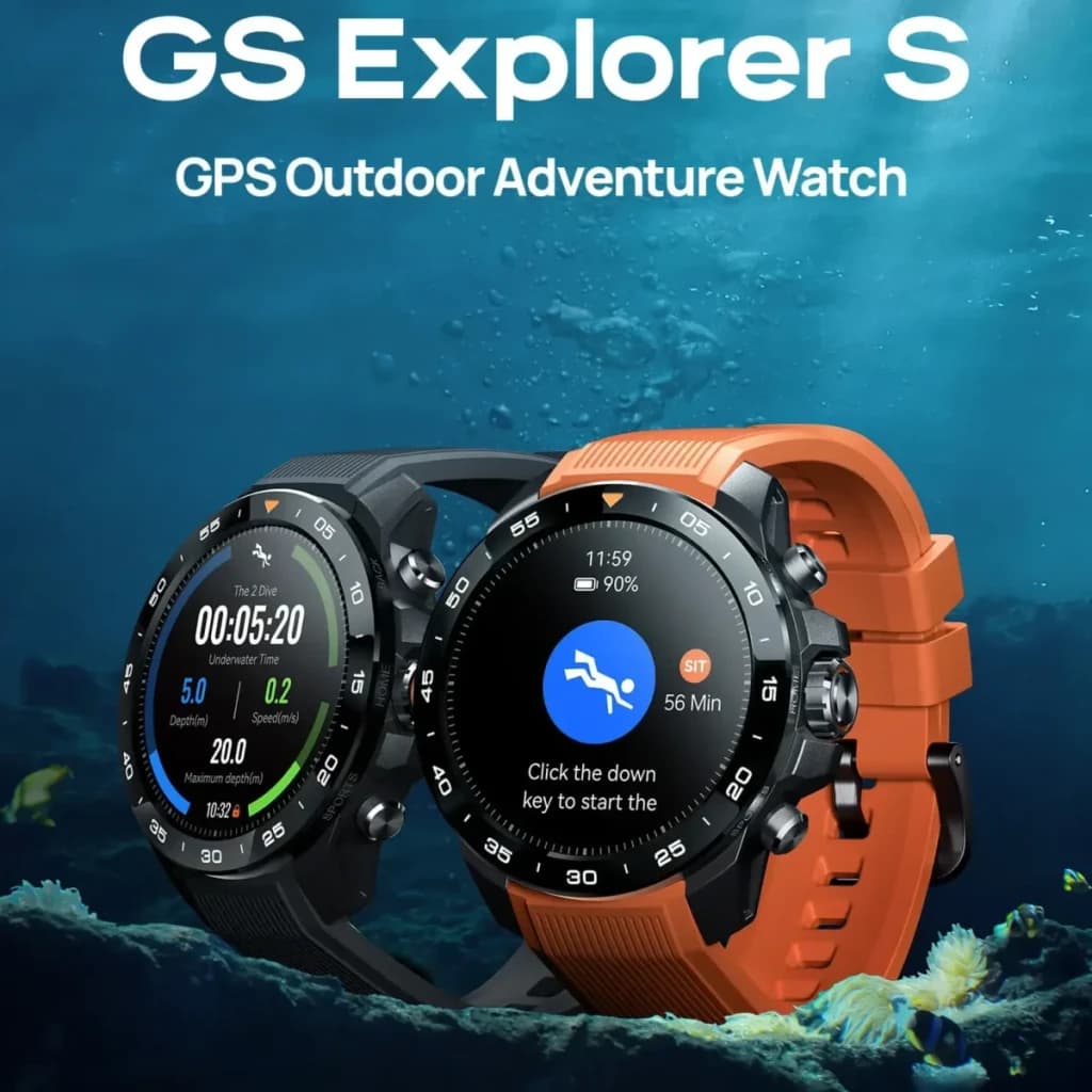 Mibro Watch GS Explorer S GPS Doble Banda L1+L5 10ATM 30m Buceo Libre Negro, vista frontal: dos relojes negro y naranja