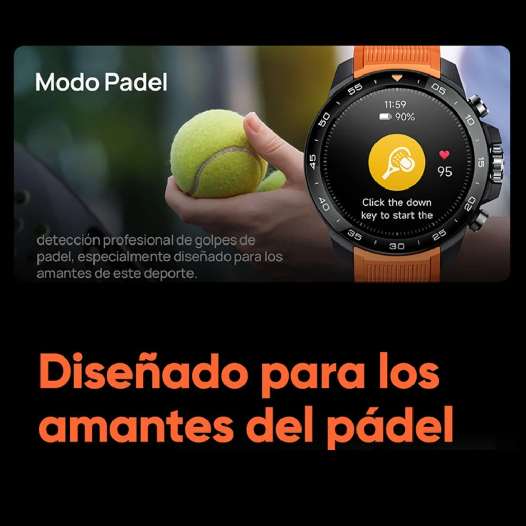 Mibro Watch GS Explorer S GPS Doble Banda L1+L5 10ATM 30m Buceo Libre Negro, modo pádel: pantalla con icono de pádel