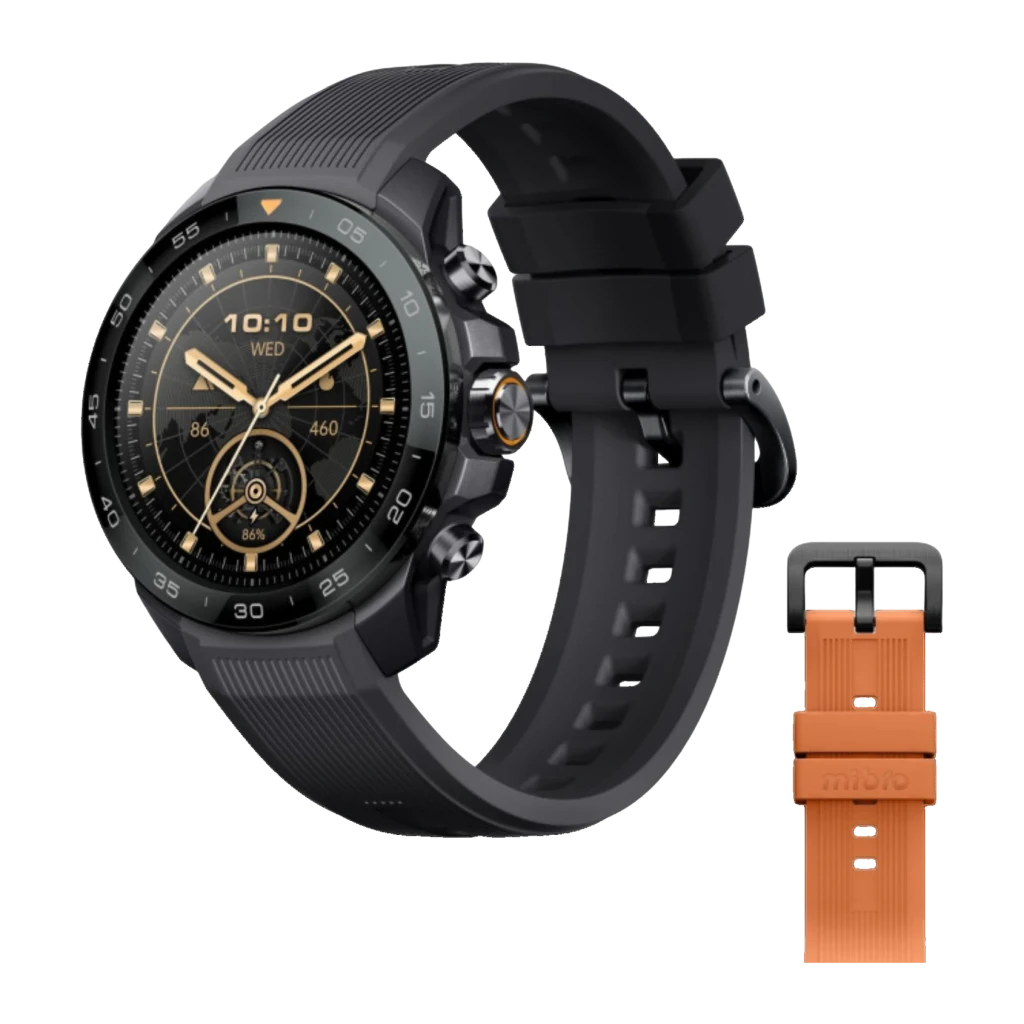Mibro Watch GS Explorer S GPS Doble Banda L1+L5 10ATM 30m Buceo Libre Negro, vista angular: esfera dorada con correa negra