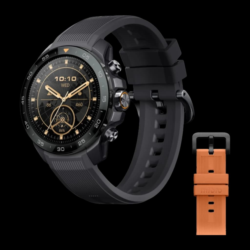 Mibro Watch GS Explorer S GPS Doble Banda L1+L5 10ATM 30m Buceo Libre Negro, vista angular: esfera dorada con correa negra
