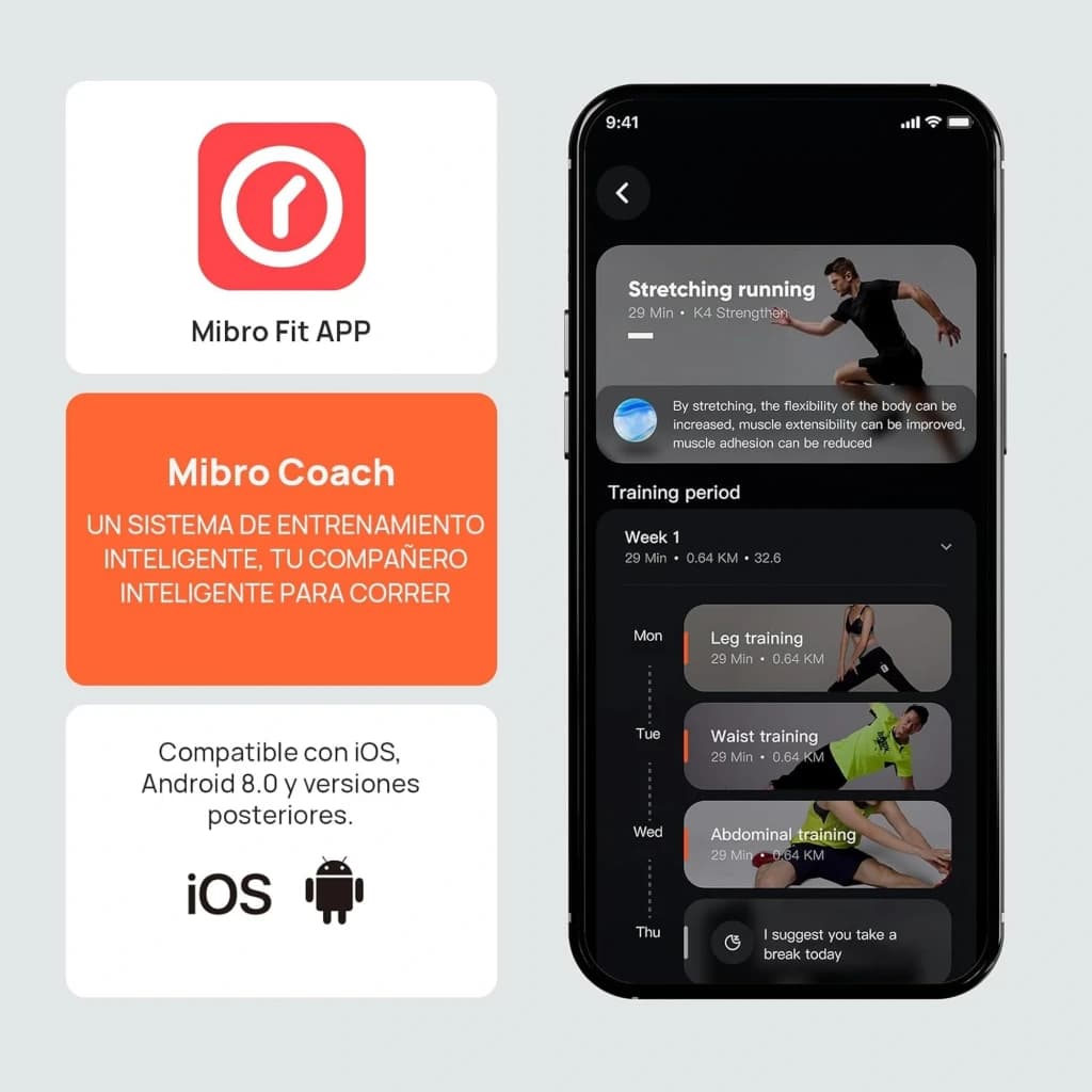 Pantalla del Mibro Watch GS Active 2: interfaz de entrenamiento con Mibro Fit, planes de running y ejercicios, compatible con iOS y Android, diseño oscuro