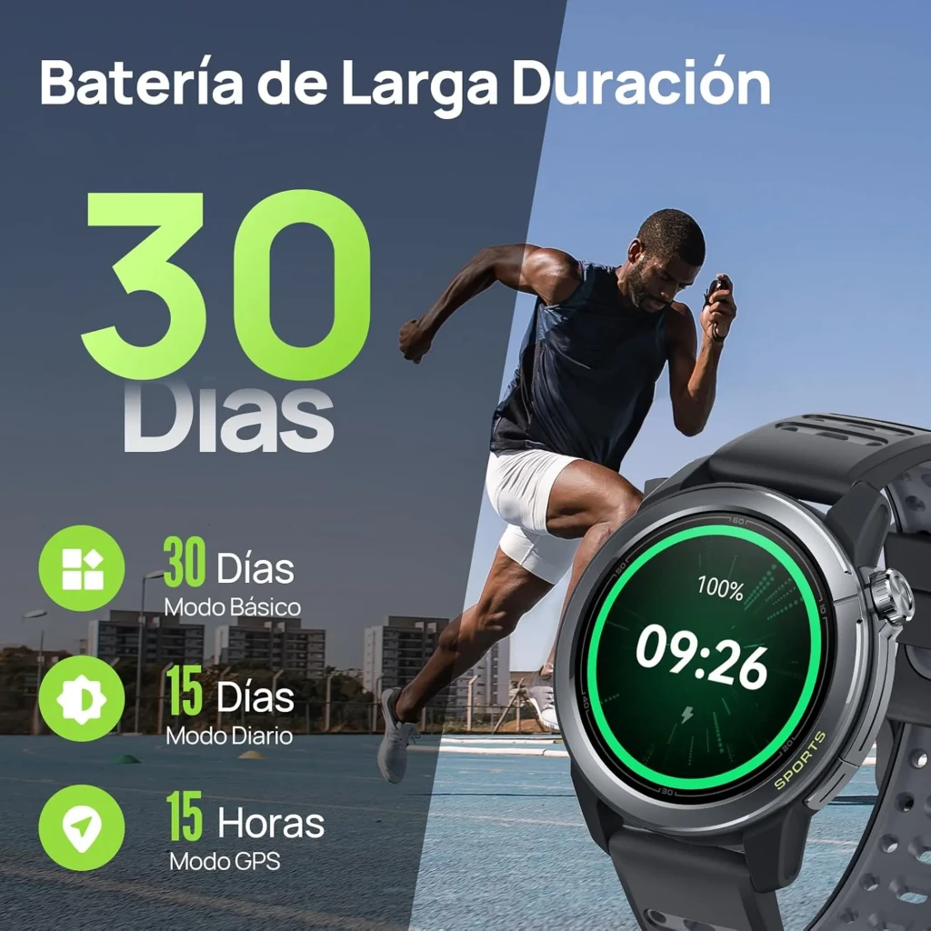Montre connectée gris foncé avec écran AMOLED 1,32 pouce, cadran rond, boutons latéraux, bracelet silicone perforé, affichage sportif vert et noir - Ítem9