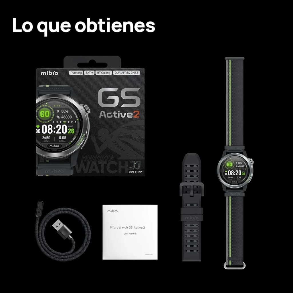 Montre connectée gris foncé avec écran AMOLED 1,32 pouce, cadran rond, boutons latéraux, bracelet silicone perforé, affichage sportif vert et noir - Ítem12