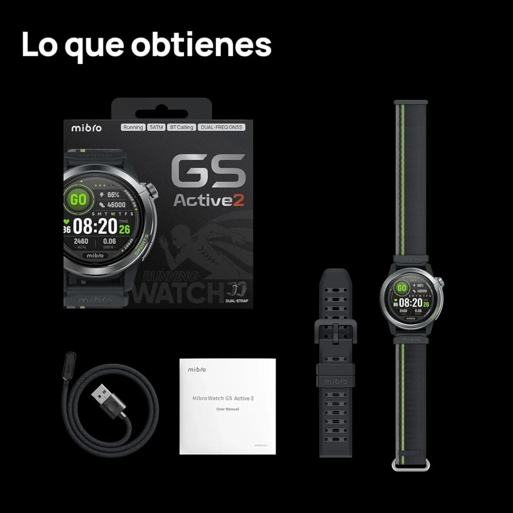 Mibro Watch GS Active 2 gris oscuro con pantalla AMOLED 1,32, correa extra, cargador USB y manual. Diseño deportivo, GPS y resistencia 5 ATM.