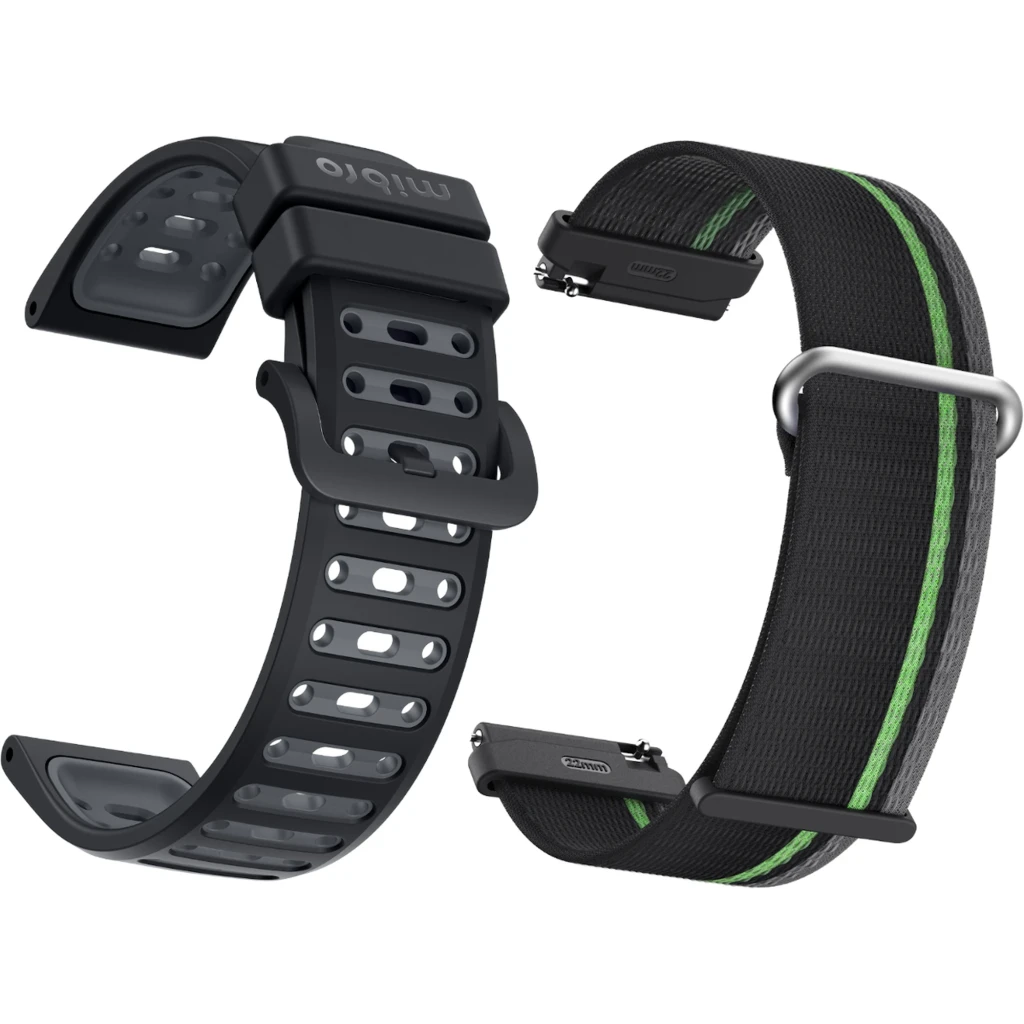 Montre connectée gris foncé avec écran AMOLED 1,32 pouce, cadran rond, boutons latéraux, bracelet silicone perforé, affichage sportif vert et noir - Ítem11