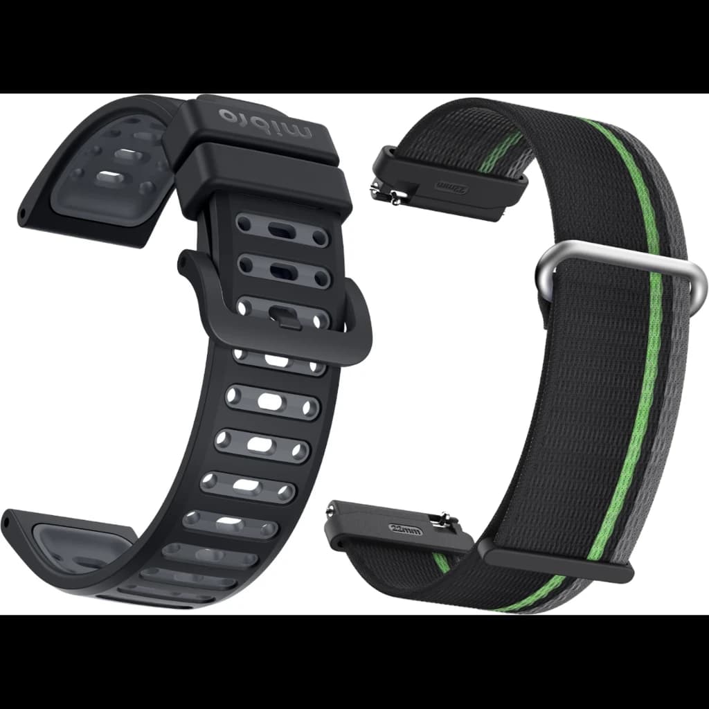 Correas para Mibro Watch GS Active 2: una de silicona negra con perforaciones y hebilla, y otra de nailon negro con franja verde y aro metálico.