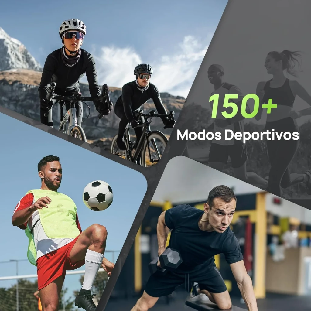 Montre connectée gris foncé avec écran AMOLED 1,32 pouce, cadran rond, boutons latéraux, bracelet silicone perforé, affichage sportif vert et noir - Ítem7