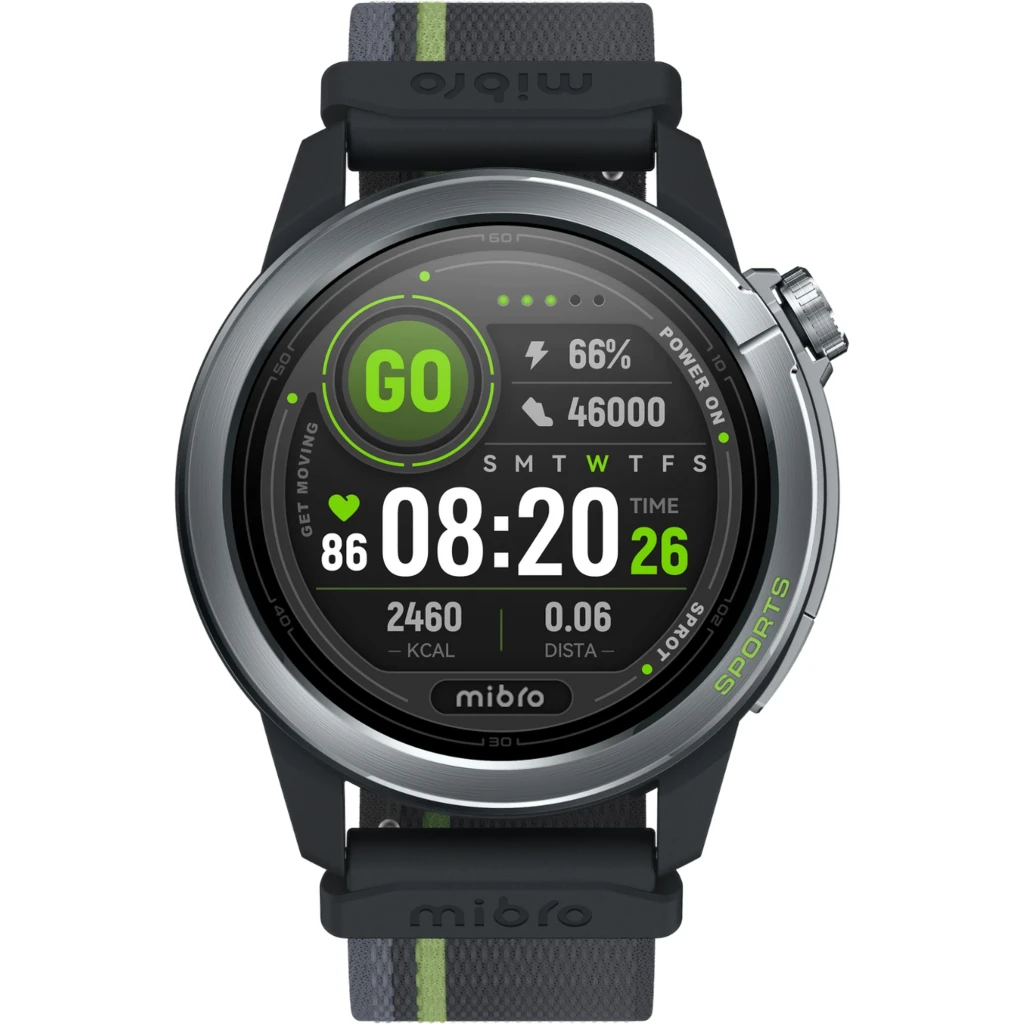 Montre connectée gris foncé avec écran AMOLED 1,32 pouce, cadran rond, boutons latéraux, bracelet silicone perforé, affichage sportif vert et noir - Ítem2