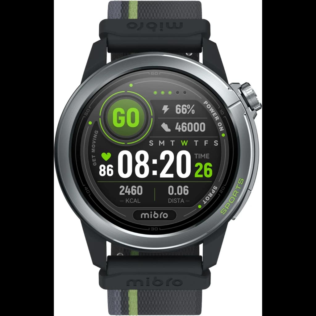 Mibro Watch GS Active 2 gris oscuro con pantalla AMOLED 1,32, bisel metálico, correa deportiva negra con línea verde, botón lateral y esfera fitness