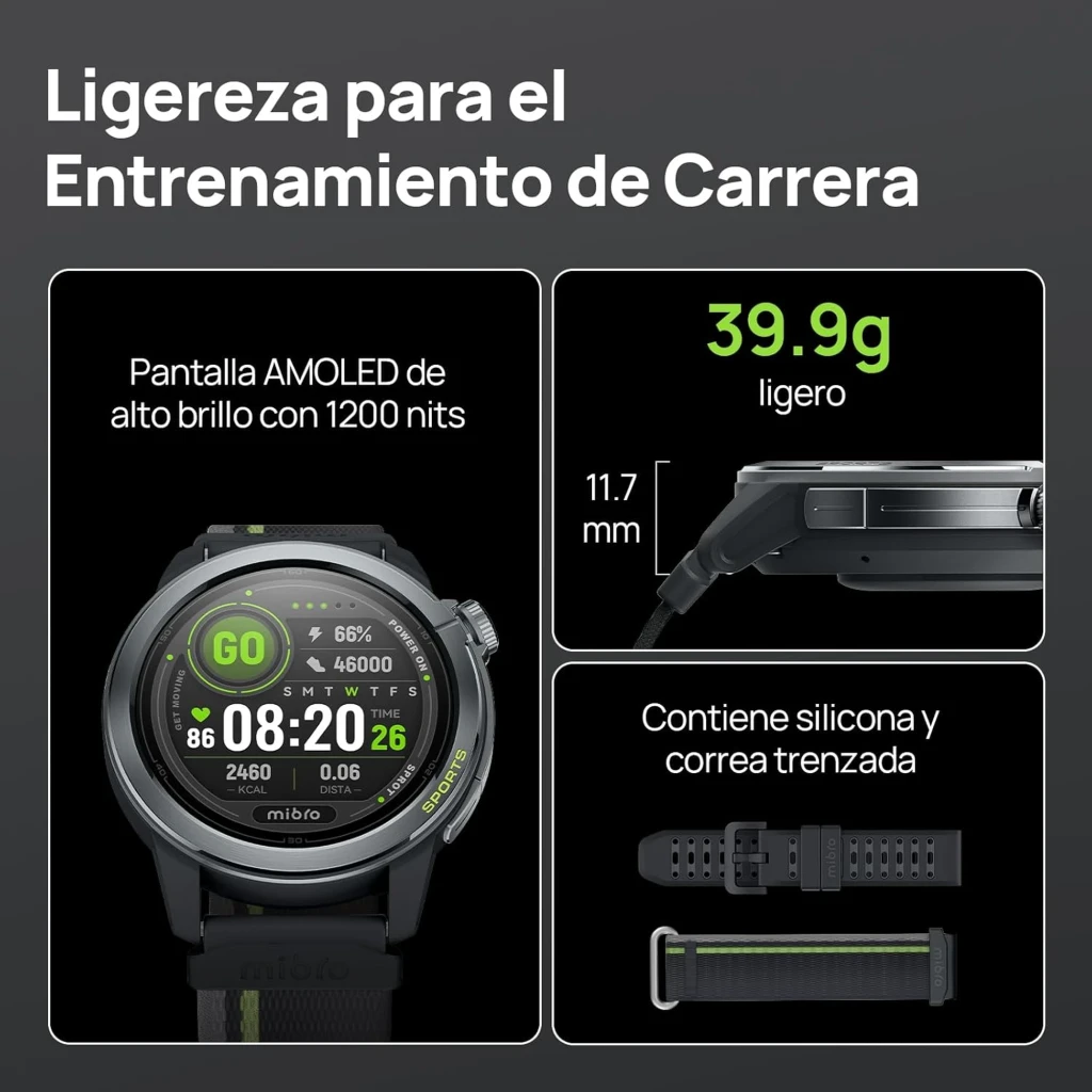Montre connectée gris foncé avec écran AMOLED 1,32 pouce, cadran rond, boutons latéraux, bracelet silicone perforé, affichage sportif vert et noir - Ítem4