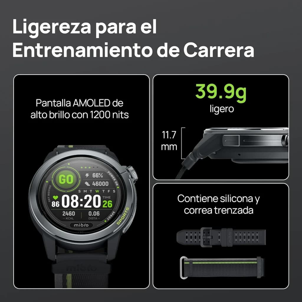 Mibro Watch GS Active 2 gris oscuro con pantalla AMOLED 1,32 pulgadas 1200 nits, 39,9 g y 11,7 mm, correa trenzada y silicona, GPS y resistencia 5 ATM