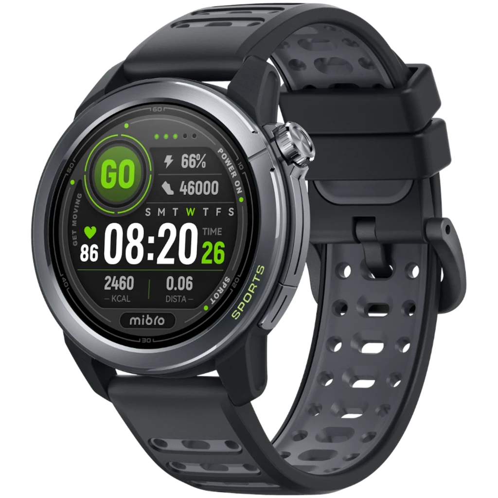 Montre connectée gris foncé avec écran AMOLED 1,32 pouce, cadran rond, boutons latéraux, bracelet silicone perforé, affichage sportif vert et noir - Ítem