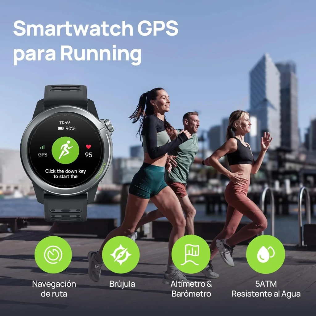 Montre connectée gris foncé avec écran AMOLED 1,32 pouce, cadran rond, boutons latéraux, bracelet silicone perforé, affichage sportif vert et noir - Ítem3
