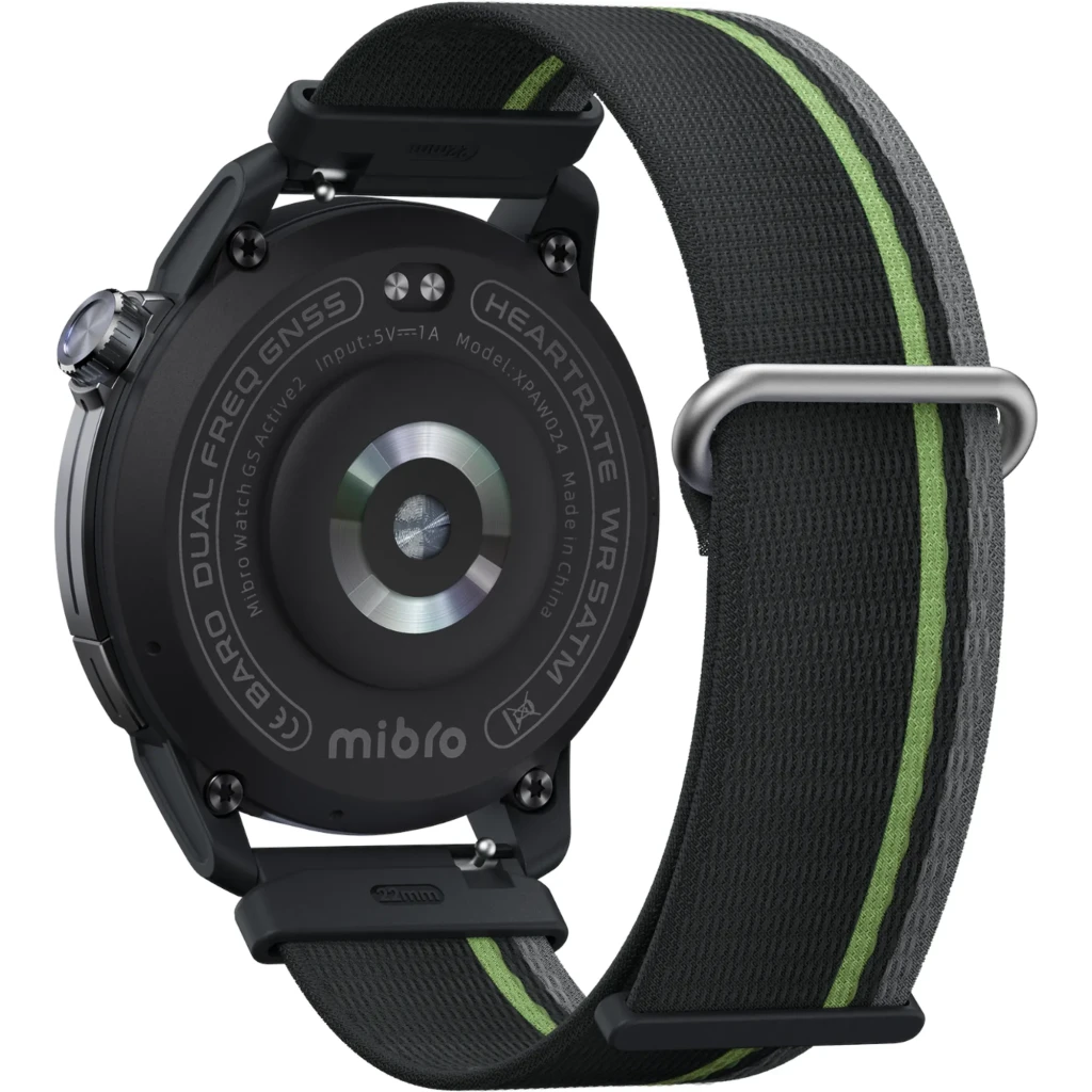 Montre connectée gris foncé avec écran AMOLED 1,32 pouce, cadran rond, boutons latéraux, bracelet silicone perforé, affichage sportif vert et noir - Ítem1