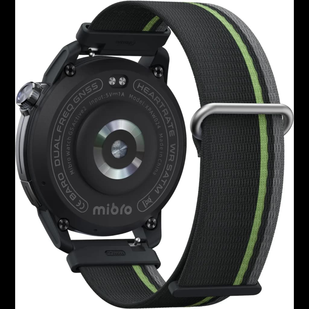 Parte trasera de Mibro Watch GS Active 2 gris oscuro con sensor circular, correa textil negra con franja verde y hebilla metálica; caja negra robusta