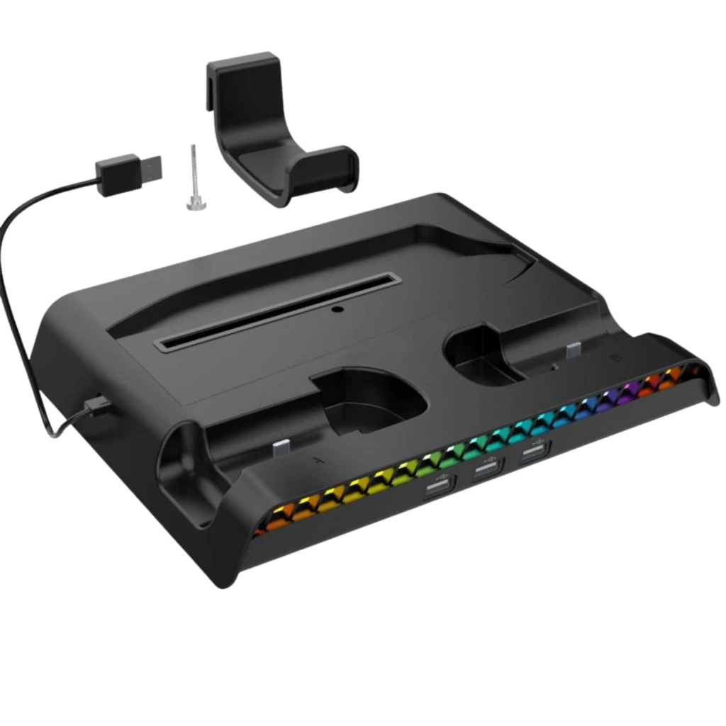 iPega P5S006H base de carga negra para PS5 Slim con ventilador, luces RGB, soporte para audífonos y dos ranuras para mandos DualSense - Ítem1