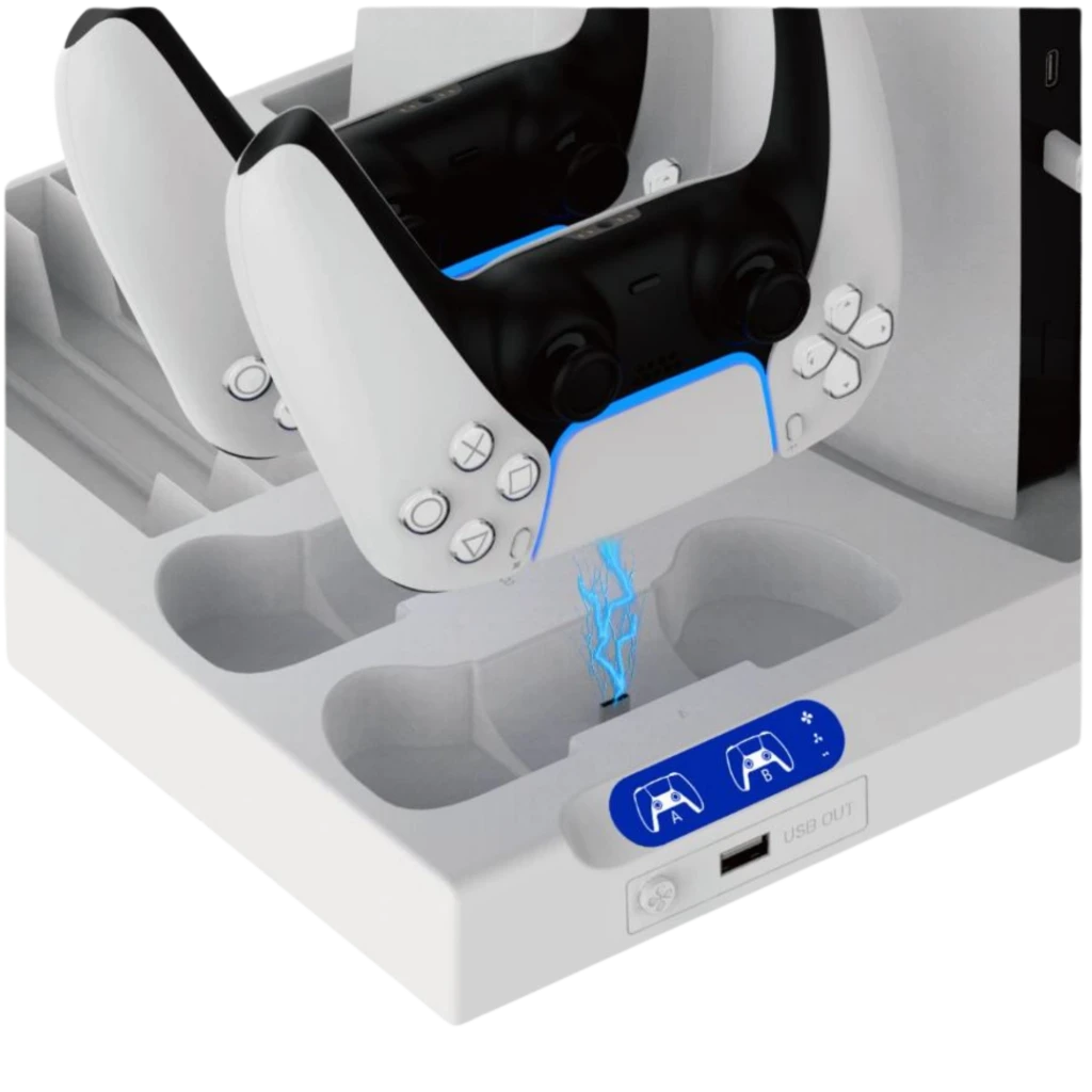 iPega P5S028 base branca com refrigeração, docks para 2 controles, suporte para PS5/PS5 Slim/Pro, organizador de jogos e porta para controle remoto - Item1