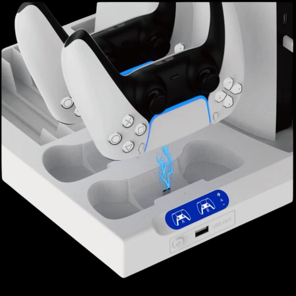 Socle blanc avec baies moulées, deux emplacements manette, icônes LED bleues, port USB avant et support latéral pour console PS5, PS5 Slim ou PS5 Pro