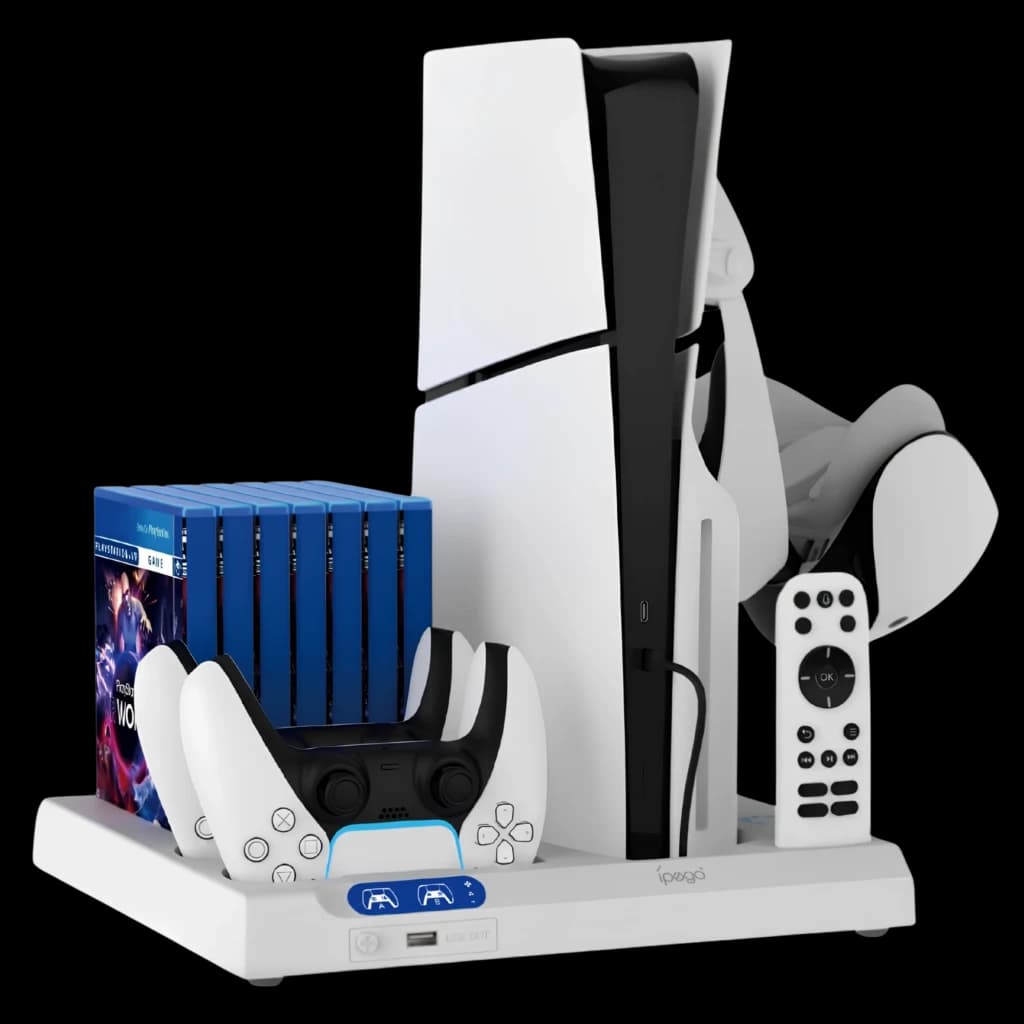iPega P5S028 blanc avec base de charge double manette, ventilateurs intégrés, support vertical PS5/PS5 Slim/Pro, rangement jeux et emplacement télécommande