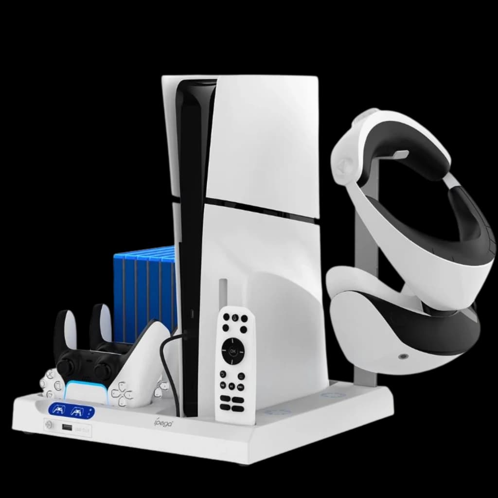 iPega P5S028 station blanche avec ventilateurs, double dock manettes PS5, support casque VR, range disques et ports USB pour PS5 PS5 Slim PS5 Pro