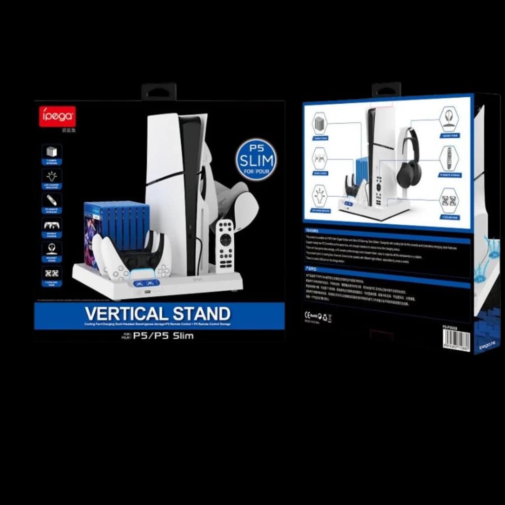 iPega P5S028 station blanche: support vertical PS5/PS5 Slim/Pro avec refroidissement, double dock manettes, range‑jeux, support casque et ports USB