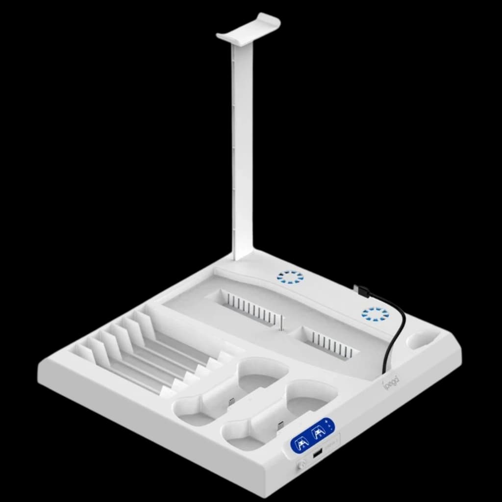 iPega P5S028 station blanche avec support vertical, deux ventilateurs bleus, emplacements pour manettes, jeux et accessoires PS5, ports USB en façade